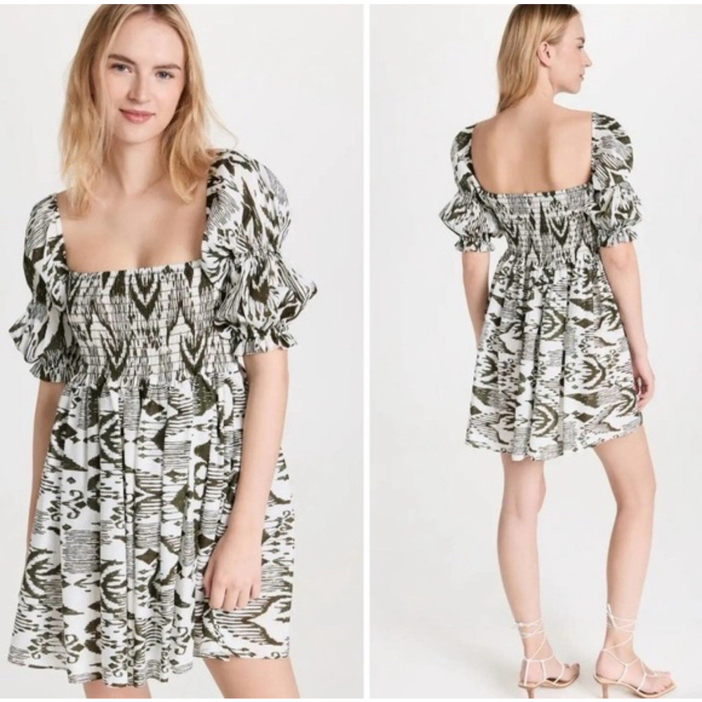 MISA Los Angeles Zadie Ikat Smocked Mini Dress Puff Sleeve S White Green Cotton
